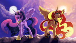 Size: 4900x2800 | Tagged: safe, artist:overlordneon, character:sunset shimmer, character:twilight sparkle, character:twilight sparkle (alicorn), species:alicorn, species:pony, alicornified, alternate timeline, alternate universe, backlighting, duo, ethereal mane, female, galaxy mane, mare, race swap, shimmercorn, ultimate twilight