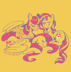 Size: 1250x1262 | Tagged: safe, artist:overlordneon, character:fluttershy, character:sunset shimmer, character:twilight sparkle, character:twilight sparkle (alicorn), species:alicorn, species:pegasus, species:pony, species:unicorn, ship:sunsetsparkle, ship:sunshyne, ship:twishy, ship:twishyset, eyes closed, female, lesbian, limited palette, ot3, polyamory, prone, shipping, signature, simple background, smiling