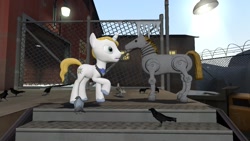 Size: 1280x720 | Tagged: safe, artist:horsesplease, character:prince blueblood, species:bird, species:crow, species:pony, species:seagull, 3d, crossover, fallout, giddyup buttercup, gmod, male, raised hoof