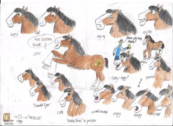 Size: 2338x1700 | Tagged: safe, artist:horsesplease, character:trouble shoes, oc, oc:anon, angry, chibi, clydesdale, expressions, frisbee, grin, happy, i didn't listen, meme, omega, puzzled, sad, shocked, sleepy, smiling, traditional art, worried