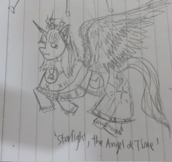 Size: 2464x2320 | Tagged: safe, artist:horsesplease, photographer:horsesplease, character:starlight glimmer, species:alicorn, species:pony, alicornified, angel, clothing, dress, eyes closed, flying, frown, hourglass, jewelry, lined paper, race swap, roman numerals, sad, spread wings, starlicorn, this will end in timeline distortion, tiara, time, traditional art, unshorn fetlocks, wings, xk-class end-of-the-world scenario