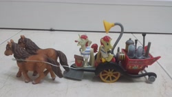 Size: 4128x2322 | Tagged: safe, artist:horsesplease, photographer:horsesplease, character:flam, character:flim, absurd resolution, cart, chariot, flim flam brothers, horse-pony interaction, irl, photo, ponies on pony carts, shetland pony, super speedy cider squeezy 6000, toy, wires