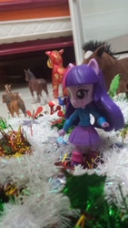 Size: 2322x4128 | Tagged: safe, artist:horsesplease, photographer:horsesplease, character:twilight sparkle, my little pony:equestria girls, absurd resolution, christmas decoration, clydesdale, decoration, doll, equestria girls minis, eqventures of the minis, horse, irl, photo, plushie, shetland pony, snow, snowflake, story included, tinsel, toy