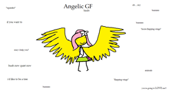 Size: 1034x623 | Tagged: safe, artist:horsesplease, character:fluttershy, my little pony:equestria girls, 1000 hours in ms paint, behaving like a bird, big wings, flapping, hush now quiet now, i'd like to be a tree, ideal gf, implied angel bunny, love me, meme, ms paint, oh my, shy, smiling, spread wings, winged humanization, wings, you're going to love me