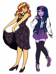 Size: 1998x2601 | Tagged: safe, artist:overlordneon, character:sunset shimmer, character:twilight sparkle, ship:sunsetsparkle, my little pony:equestria girls, clothing, dress, female, floral print, high heels, jacket, lesbian, letterman jacket, looking back, shipping, shirt, shoes, simple background, skirt, smiling, stockings, thigh highs, zettai ryouiki