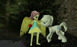 Size: 1168x720 | Tagged: safe, artist:horsesplease, character:double diamond, character:fluttershy, my little pony:equestria girls, 3d, apple, barefoot, dawwww, double dawwmond, fall formal outfits, feet, food, gmod, horses doing horse things, petting, sniffing, tree, water, winged humanization, wings