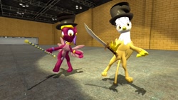 Size: 1280x720 | Tagged: safe, artist:horsesplease, character:gilda, character:sphinx, species:griffon, species:sphinx, 3d, bipedal, clothing, dancing, gmod, hat, i've seen some shit, pole, scimitar, spotlight, spread wings, sword, tap dancing, thousand yard stare, top hat, weapon, wings