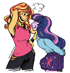Size: 807x852 | Tagged: safe, artist:overlordneon, character:sunset shimmer, character:twilight sparkle, ship:sunsetsparkle, my little pony:equestria girls, alternate costumes, arm behind back, armpits, blushing, clothing, cute, female, hand on hip, lesbian, looking at each other, shimmerbetes, shipping, simple background, smiling, sweater, twiabetes
