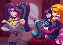 Size: 2100x1500 | Tagged: safe, artist:overlordneon, character:adagio dazzle, character:aria blaze, character:sonata dusk, character:twilight sparkle, ship:adagilight, my little pony:equestria girls, armor, bed, bedroom, clothing, crossed arms, dress, eyes closed, female, lesbian, ot4, quartet, shipping, smiling, sparkleblaze, the dazzlings, twinata
