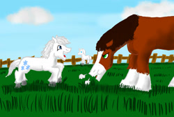 Size: 1260x850 | Tagged: safe, artist:horsesplease, character:double diamond, character:trouble shoes, species:pony, annoyed, clydesdale, cute, dawwww, double dawwmond, excited, grass, grazing, happy, horse, horses doing horse things, playful, shetland pony, silly, silly pony, snorting, unamused