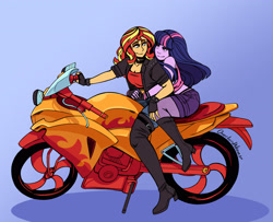 Size: 3227x2615 | Tagged: safe, artist:overlordneon, character:sunset shimmer, character:twilight sparkle, ship:sunsetsparkle, my little pony:equestria girls, badass, badass adorable, biker, blue background, blushing, boots, breasts, cleavage, clothing, cute, eyeshadow, female, fingerless gloves, fishnets, gloves, high heel boots, knee-high boots, lesbian, lidded eyes, looking at each other, looking back, makeup, motorcycle, pantyhose, shipping, shoes, shorts, simple background, smiling, thigh boots