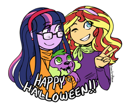 Size: 3227x2615 | Tagged: safe, artist:overlordneon, character:spike, character:sunset shimmer, character:twilight sparkle, character:twilight sparkle (alicorn), species:dog, ship:sunsetsparkle, my little pony:equestria girls, clothing, costume, crossover, cute, daphne blake, female, glasses, grin, halloween, holiday, lesbian, looking up, one eye closed, open mouth, peace sign, scooby doo, shipping, simple background, smiling, spike the dog, sweater, tongue out, velma dinkley, white background, wink