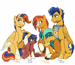 Size: 2830x2421 | Tagged: safe, artist:overlordneon, character:flash sentry, character:sunburst, oc, oc:solar flare, oc:starry knight, parent:flash sentry, parent:sunburst, parents:flashburst, species:pegasus, species:pony, species:unicorn, ship:flashburst, blaze (coat marking), coat markings, family, female, filly, gay, high res, magical gay spawn, male, next generation, offspring, shipping, simple background, smiling, socks (coat marking), stallion, star (coat marking), white background