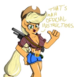 Size: 1432x1500 | Tagged: safe, artist:wazzart, character:applejack, species:anthro, belly button, breasts, busty applejack, cleavage, clothing, daisy dukes, ellis, female, gun, kill all sons a bitches, left 4 dead, left 4 dead 2, shotgun, weapon