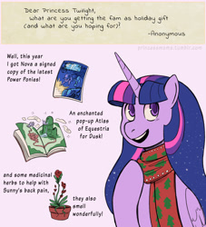 Size: 2400x2646 | Tagged: safe, artist:overlordneon, character:twilight sparkle, character:twilight sparkle (alicorn), species:alicorn, species:pony, answer, atlas, christmas, christmas gift, clothing, comic, female, flower, holiday, implied lesbian, implied magical lesbian spawn, implied oc, implied shipping, implied sunset shimmer, implied sunsetsparkle, plant, pop-up book, present, response, scarf