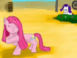 Size: 1200x900 | Tagged: safe, artist:horsesplease, character:pinkamena diane pie, character:pinkie pie, character:rarity, barrel, brushie, brushing, bush, evil grin, flower, grin, hooves together, paint tool sai, rose, scheming, smiling, this will end in fashion, this will end in makeovers, wheel