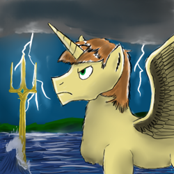 Size: 500x500 | Tagged: safe, artist:horsesplease, character:feather bangs, species:alicorn, species:pony, alicornified, angry, fethrocorn, lightning, ocean, paint tool sai, race swap, solo, spread wings, storm, trident, wave, wings
