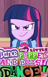 Size: 542x864 | Tagged: safe, artist:horsesplease, edit, edited screencap, editor:horsesplease, screencap, character:pinkie pie, character:twilight sparkle, equestria girls:rainbow rocks, g4, my little pony:equestria girls, caption, dance puppets dance, evil grin, expand dong, exploitable meme, image macro, implied mind control, inverted colors, manipulation, meme, revenge, smiling, smirk, stock vector, tyrant sparkle