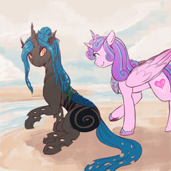 Size: 2700x2700 | Tagged: safe, artist:overlordneon, character:princess flurry heart, oc, oc:chriki, parent:queen chrysalis, species:alicorn, species:changeling, species:pony, beach, changeling oc, female, looking back, mare, next generation, older, older flurry heart, sitting, smiling, water