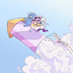 Size: 3000x3000 | Tagged: safe, artist:overlordneon, character:starlight glimmer, character:trixie, species:pony, species:unicorn, ship:startrix, clothing, dress, female, flying, lesbian, married, married couple, missing horn, rocket, shipping, smiling, toy interpretation, trixie's rocket, wedding dress