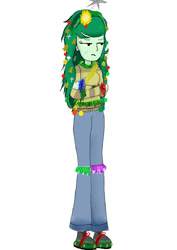 Size: 850x1200 | Tagged: safe, artist:horsesplease, character:wallflower blush, equestria girls:forgotten friendship, g4, my little pony:equestria girls, bauble, behaving like a tree, bell, christmas, christmas tree, decoration, green, holiday, paint tool sai, solo, stars, tinsel, tree, unamused, upset, wallflower and plants, wallflower is a plant