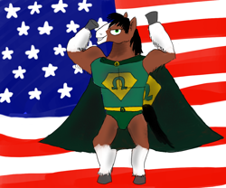 Size: 1200x1000 | Tagged: safe, artist:horsesplease, character:trouble shoes, species:anthro, species:pony, cape, clothing, clydesdale, male, murica, muscles, paint tool sai, smiling, smirk, solo, stallion, stronk, superhero, united states