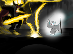 Size: 1200x890 | Tagged: safe, artist:horsesplease, character:double diamond, character:lord tirek, angry, balrog, bipedal, bridge, cracks, crossover, fire, fire breath, flaming sword, gandalf, gandalf the grey, glamdring, glow, human pose, khazad-dum, lord of the rings, magic, magic staff, magnetic hooves, paint tool sai, robe, staff, sword, weapon, whip, you shall not pass