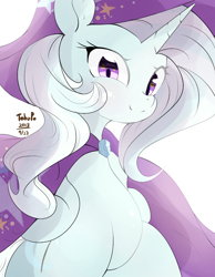 Size: 700x900 | Tagged: safe, artist:tohupo, character:trixie, species:pony, species:unicorn, blushing, cape, clothing, cute, diatrixes, female, hat, jewel, looking at you, simple background, smiling, solo, trixie's cape, trixie's hat, white background