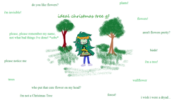 Size: 1518x880 | Tagged: safe, artist:horsesplease, character:wallflower blush, my little pony:equestria girls, 1000 hours in ms paint, behaving like a tree, blushing, christmas, christmas decoration, christmas tree, dryad, erysimum cheiri, floral head wreath, flower, holiday, ideal gf, invisible (song), meme, pun, smiling, tree, wallflower and plants, wallflower is a plant
