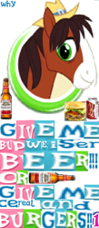 Size: 574x1322 | Tagged: safe, artist:horsesplease, character:trouble shoes, 1000 hours in ms paint, alcohol, bottle, budweiser, burger, can, drunken shoes, food, meme, wow! glimmer