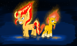 Size: 2000x1200 | Tagged: safe, artist:horsesplease, character:sunburst, character:sunset shimmer, species:pony, species:unicorn, annoyed, brother and sister, catasterism, constellation, evil grin, female, fiery mane, fiery shimmer, fiery sunburst, fire, fire pony, glow, grin, headcanon, insanity, little dipper, male, mane of fire, night, paint tool sai, rapidash shimmer, smiling, snapset shimmer, stars, sunny siblings, sunshine shimmer, unamused