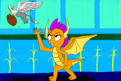 Size: 1800x1200 | Tagged: safe, artist:horsesplease, character:smolder, oc, oc:der, species:dragon, species:griffon, angry, chase, cookie, female, flying, food, happy, laughing, male, paint tool sai, pun, smol, spread wings, that griffon sure "der"s love cookies, wings, wordplay