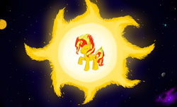 Size: 1694x1030 | Tagged: safe, artist:horsesplease, character:sunset shimmer, catasterism, equestria, fiery shimmer, fire tail, mane of fire, mars, mercury (planet), moon, nebula, planet, pony bigger than a planet, raised hoof, smiling, solar system, solo, space, stars, sun, sunshine shimmer, venus