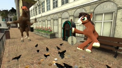 Size: 1280x720 | Tagged: safe, artist:horsesplease, character:trouble shoes, oc, oc:daphne, species:bird, species:crow, 3d, banjo, bipedal, clothing, epona, generic epona, gmod, hat, horse, jukebox, musical instrument, shipping, the legend of zelda