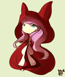 Size: 766x900 | Tagged: safe, artist:tohupo, character:fluttershy, species:pegasus, species:pony, female, green background, mare, red riding hood, simple background, solo
