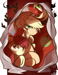 Size: 823x1060 | Tagged: safe, artist:tohupo, character:apple bloom, character:applejack, character:big mcintosh, species:earth pony, species:pony, apple siblings, blanket, bow, brother and sister, crossed hooves, cutie mark, female, filly, looking at you, male, mare, sheet, siblings, sisters, stallion