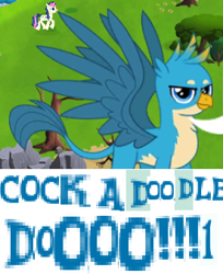 Size: 276x339 | Tagged: safe, artist:horsesplease, gameloft, character:bon bon, character:gallus, character:sweetie drops, species:griffon, episode:school daze, g4, my little pony: friendship is magic, behaving like a rooster, caption, cock-a-doodle-doo, crowing, expand dong, exploitable meme, flanderization, gallus the rooster, image macro, meme, namesake, pun, silly griffon
