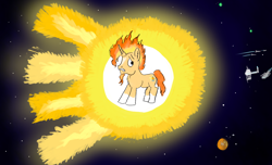 Size: 1694x1030 | Tagged: safe, artist:horsesplease, character:sunburst, species:pony, catasterism, fiery sunburst, fire, implied starlight glimmer, male, mane of fire, planet, solar system, solo, space, space station, spaceship, stallion, stars, sun, worried