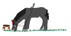 Size: 1400x715 | Tagged: safe, artist:horsesplease, character:king sombra, character:stygian, species:bird, species:pony, species:unicorn, angry, friesian horse, grass, grazing, growling, horses doing horse things, leash, paint tool sai, pigeon, pun, reins, species swap, stool, stool pigeon