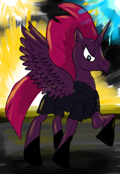 Size: 640x924 | Tagged: safe, artist:horsesplease, character:tempest shadow, species:alicorn, species:pony, >:), alicornified, evil grin, explosion, fireworks, fizzlepop's fireworks, happy, paint tool sai, pretty pretty tempest, princess of explosions, race swap, raised hoof, smiling, smirk, spread wings, tempest gets her horn back, tempest gets her wings back, tempest now has a true horn, tempesticorn, wings
