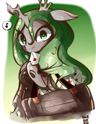 Size: 700x900 | Tagged: safe, artist:tohupo, character:queen chrysalis, species:changeling, bag, changeling queen, cute, cutealis, female, forked tongue, licking, licking lips, looking at you, love letter, mail, semi-anthro, solo, tongue out