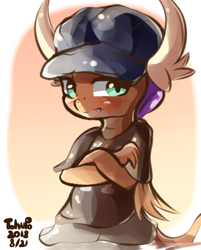 Size: 602x750 | Tagged: safe, artist:tohupo, character:smolder, species:dragon, abstract background, blushing, clothing, costume, crossed arms, cute, dragoness, embarrassed, fangs, female, gangsta, gangster, hat, signature, smolderbetes, solo, thug life