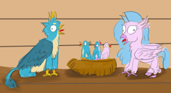 Size: 2200x1200 | Tagged: safe, artist:horsesplease, character:gallus, character:silverstream, oc, oc:blinky, oc:bobby, oc:fritters, parent:gallus, parent:silverstream, parents:gallstream, species:classical hippogriff, species:griffon, species:hippogriff, ship:gallstream, behaving like a bird, behaving like a chicken, behaving like a rooster, birb, birds doing bird things, chick, chickub, clucking, crowing, derp, family, female, gallus the rooster, griffons doing bird things, hatchling, hippogriffon, hippogriffs doing bird things, hybrid, majestic as fuck, male, nest, offspring, shipping, silverstream the hen, straight