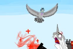 Size: 2400x1600 | Tagged: safe, artist:horsesplease, character:star swirl the bearded, character:stygian, species:bird, episode:shadow play, g4, my little pony: friendship is magic, angry, birdified, cross-popping veins, crying, flying, medic, medigun, pigeon, pun, random, sad, species swap, team fortress 2, yelling