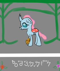 Size: 430x512 | Tagged: safe, artist:horsesplease, character:ocellus, species:changeling, species:reformed changeling, conlang, constructed language, crossbow, flower, paint tool sai, sarmelonid, tree, vozonid