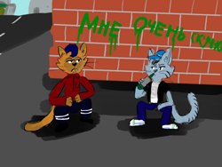 Size: 1024x768 | Tagged: safe, artist:horsesplease, character:capper dapperpaws, species:abyssinian, species:anthro, my little pony: the movie (2017), alcohol, alley, bored, cat, chummer, cyrillic, dresiarz, drinking, gopnik, graffiti, male, polish, russian, smoking, squatting