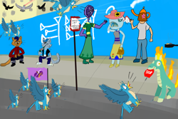 Size: 2400x1600 | Tagged: safe, artist:horsesplease, character:capper dapperpaws, character:gallus, character:ocellus, character:stygian, character:tianhuo, species:anthro, species:bird, species:griffon, them's fightin' herds, my little pony: the movie (2017), alcohol, beer, behaving like a rooster, biteacuda, bottle, chewing, chummer, cigarette, crowing, cuneiform, dresiarz, eating, fan, fish, flag, gallus coop, gallus the rooster, gopnik, griffonstone, hittite, mane of fire, multeity, nom, paint tool sai, parade, pigeon, random, road, sign, smoking, teapot, tianhuo and a road sign, walking campfire