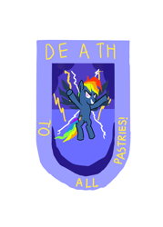 Size: 1000x1400 | Tagged: safe, artist:horsesplease, artist:jhayarr23, character:evil pie hater dash, character:rainbow dash, episode:secrets and pies, g4, my little pony: friendship is magic, emblem, evil grin, grin, lightning, paint tool sai, smiling