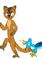 Size: 1000x1400 | Tagged: safe, artist:horsesplease, character:capper dapperpaws, character:gallus, species:abyssinian, species:anthro, species:griffon, my little pony: the movie (2017), annoyed, behaving like a chicken, cat, derp, gallus the rooster, male, ouch, paint tool sai, pecking, simple background, upset, white background