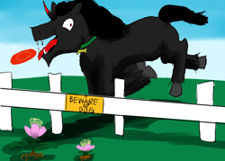 Size: 1400x1000 | Tagged: safe, artist:horsesplease, character:king sombra, behaving like a dog, cherry blossoms, derp, fence, flower, flower blossom, frisbee, monster, nightmare fuel, paint tool sai, smiling, sombra dog, this will end in pain, tripping, walking flower, year of the dog